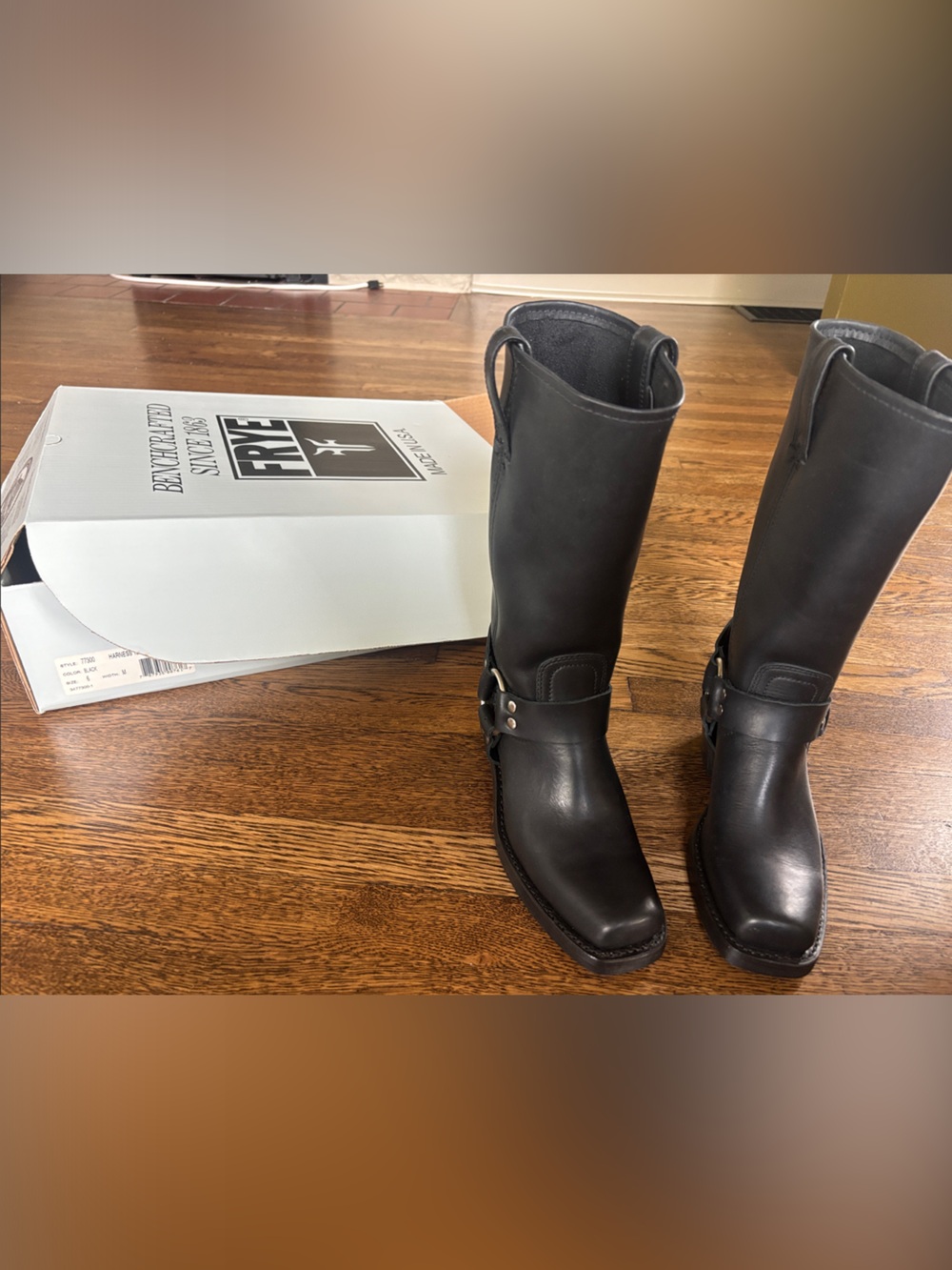12R Frye Black Women's Harness Tall Leather Boots